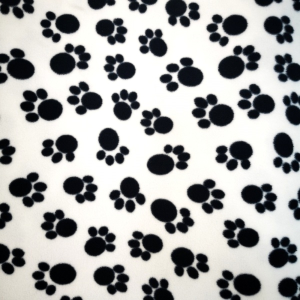 Anti Pill Fleece Fabric - Black Paws on White